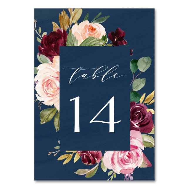 Navy Blue Burgundy Gold Blush Pink Floral Wedding Table Number (Front)