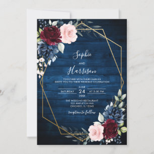 Navy Blue Burgundy Gold Blush Rustic Wood Wedding Invitation
