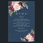 Navy Blue Burgundy Gold Blush Wedding Menu Cards<br><div class="desc">Design features an elegant dark blue watercolor background with a watercolor bouquet or wreath in shades of burgundy red, Marsala, light blush pink, peach, and more over greenery elements of eucalyptus and vintage gold leaves. You can move, add, delete text under the customise further tools if you would prefer to...</div>