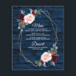 Navy Blue Burgundy Gold Blush Wedding Menu Cards<br><div class="desc">Navy Blue Burgundy Gold Blush Wedding Menu Cards - feature a dark navy blue barn or wood grain background decorated with a printed gold geometric frame that's trimmed with floral and greenery elements in shades of navy, pink, burgundy and more. View the matching collection on this page to find coordinating...</div>