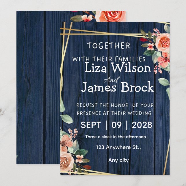 Navy Blue Burgundy Gold Blush wood Wedding  Invitation (Front/Back)