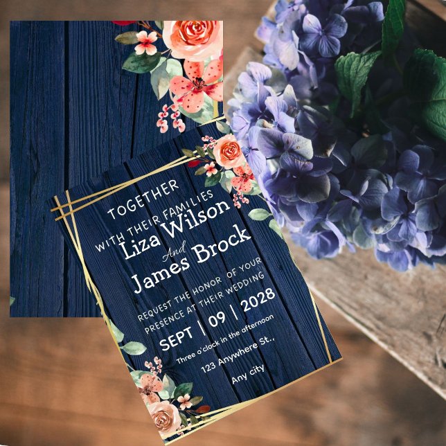 Navy Blue Burgundy Gold Blush wood Wedding  Invitation (Creator Uploaded)