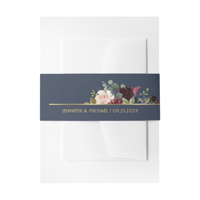 Navy Blue Burgundy Gold Floral Blooms Chic Wedding Invitation Belly Band (Front Example)