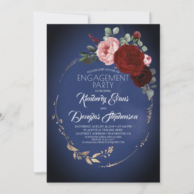 Navy Blue Burgundy Gold Floral Engagement Party Invitation (Front)