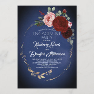 Navy Blue Burgundy Gold Floral Engagement Party Invitation