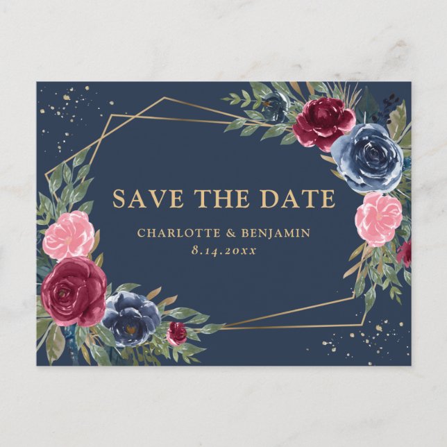 Navy Blue Burgundy Gold Floral Save The Date Announcement Postcard (Front)