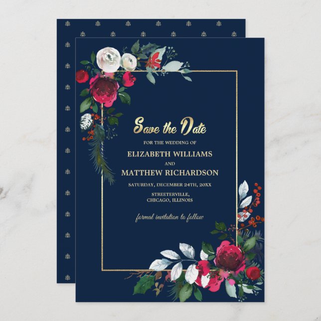 Navy Blue Burgundy Gold Floral Save the Date Invitation (Front/Back)