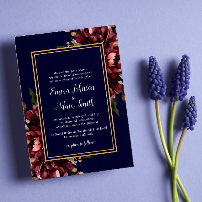 Navy Blue Burgundy Gold Floral Wedding Invitation (Creator Uploaded)
