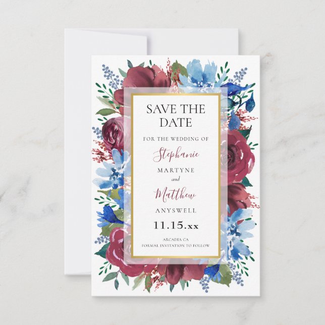 Navy Blue Burgundy Gold Floral Wedding Save The Date (Front)