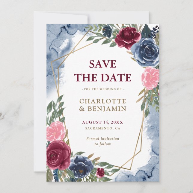 Navy Blue Burgundy Gold Geometric Floral Wedding Announcement (Front)