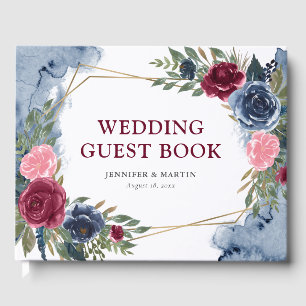 Navy Blue Burgundy Gold Geometric Floral Wedding Guest Book