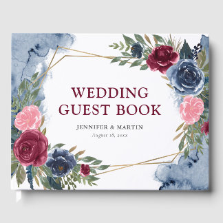 Navy Blue Burgundy Gold Geometric Floral Wedding Guest Book
