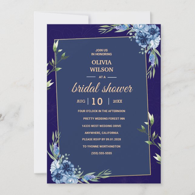 Navy Blue Burgundy Gold Pink Bridal Shower Invitation (Front)