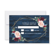 Navy Blue Burgundy Gold Pink Wedding RSVP Cards