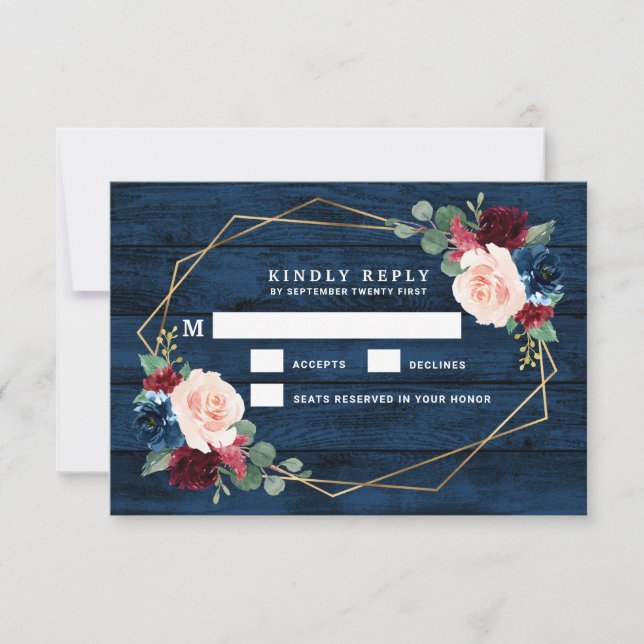 Navy Blue Burgundy Gold Pink Wedding RSVP Cards (Front)