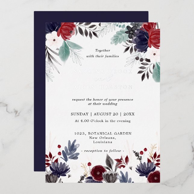 Navy Blue Burgundy Gothic Floral Wedding  (Front/Back)