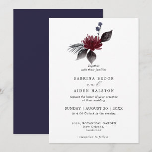 Navy Blue Burgundy Gothic Floral Wedding  Invitation