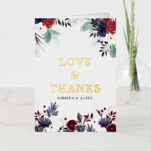 Navy Blue Burgundy Gothic Floral Wedding Thank You Foil Greeting Card
