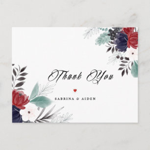 Navy Blue Burgundy Gothic Floral Wedding Thank You Postcard