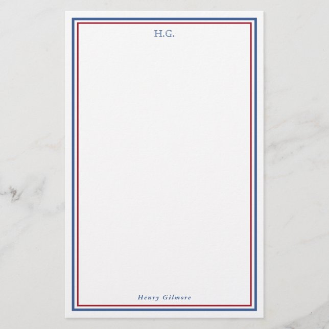 Navy Blue Burgundy Monogrammed Stationery (Front)