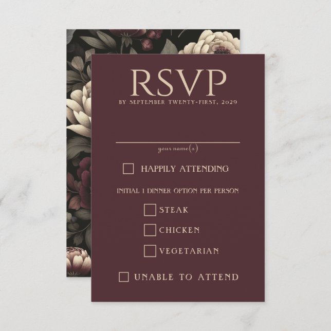 Navy Blue & Burgundy Moody Floral Food Choices RSVP Card (Front/Back)