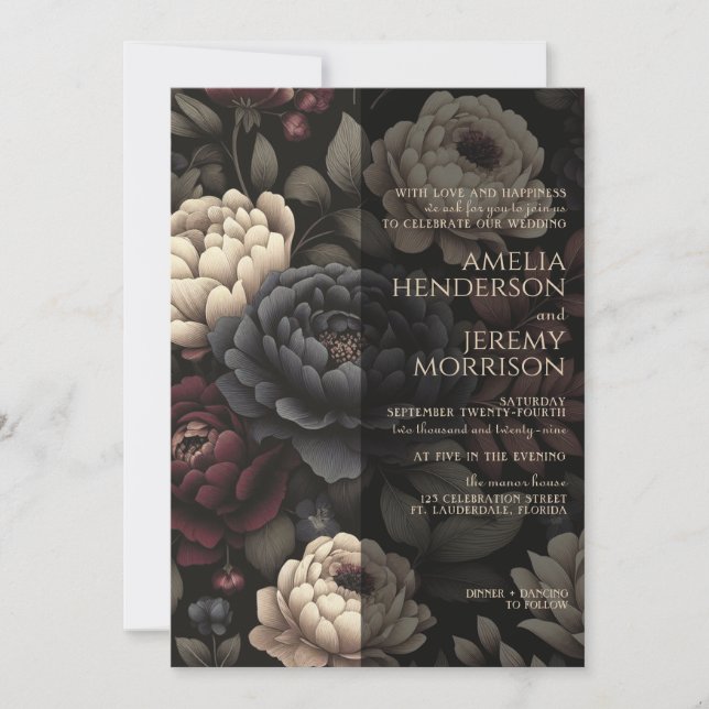 Navy Blue & Burgundy Moody Floral Invitation (Front)
