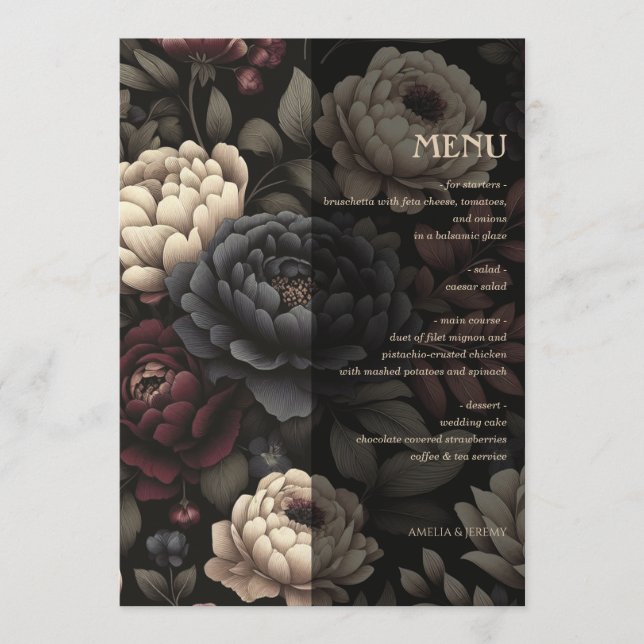 Navy Blue & Burgundy Moody Floral Menu (Front)