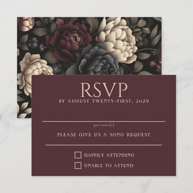 Navy Blue & Burgundy Moody Floral RSVP Card (Front/Back)