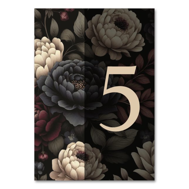 Navy Blue & Burgundy Moody Floral Table 5 Number (Front)