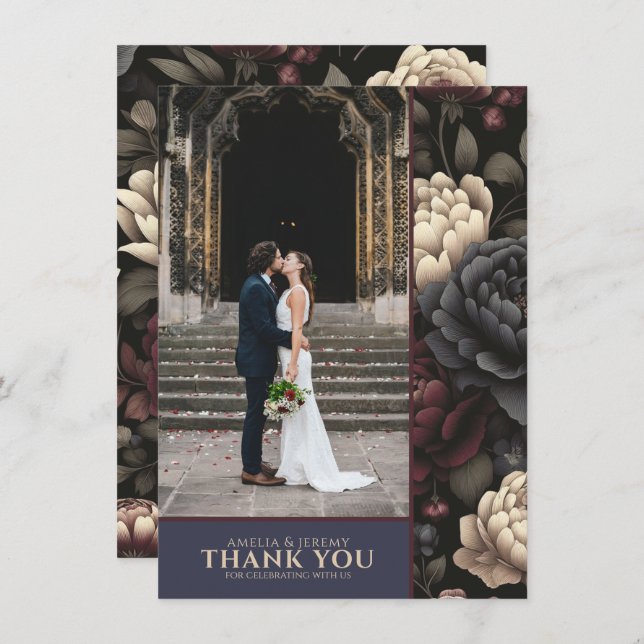 Navy Blue & Burgundy Moody Floral Thank You Card (Front/Back)