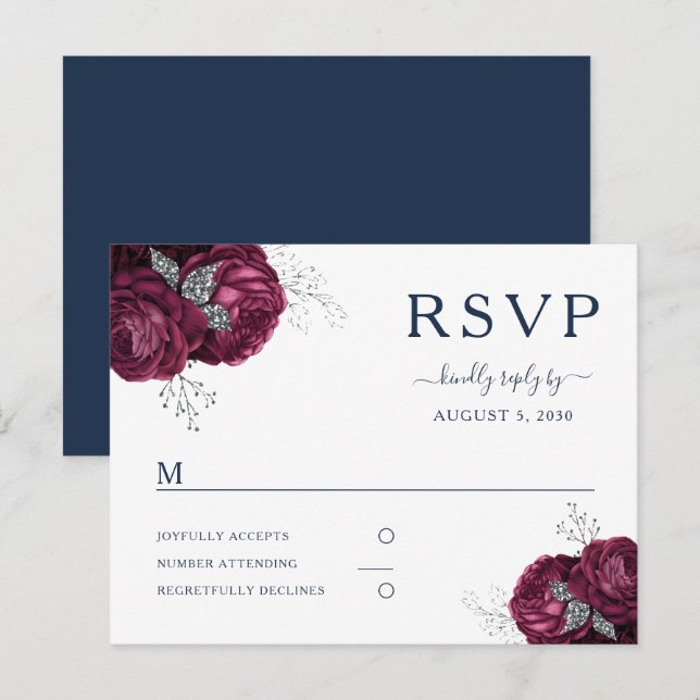 Navy Blue Burgundy Peonies Floral Wedding RSVP Postcard (Front/Back)