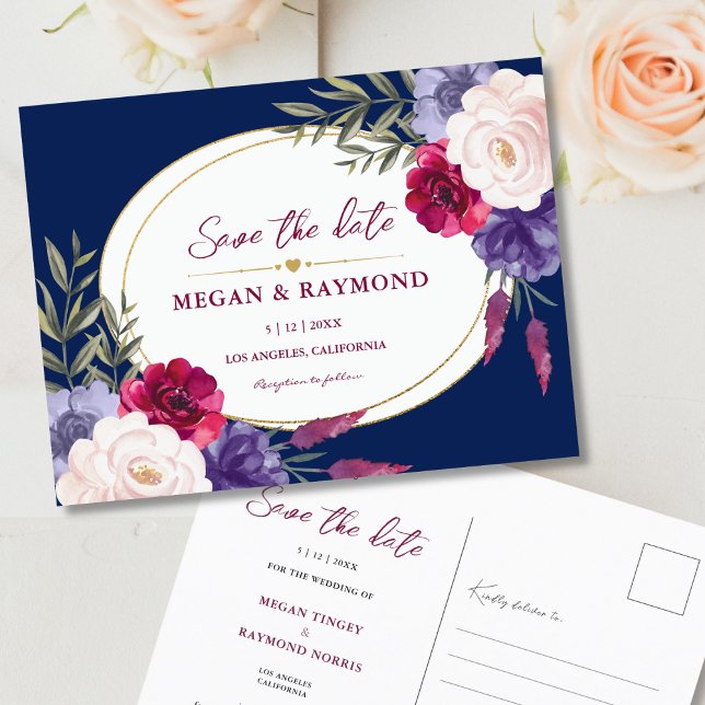 Navy Blue Burgundy Peony Geometric Save the Date Postcard (Creator Uploaded)