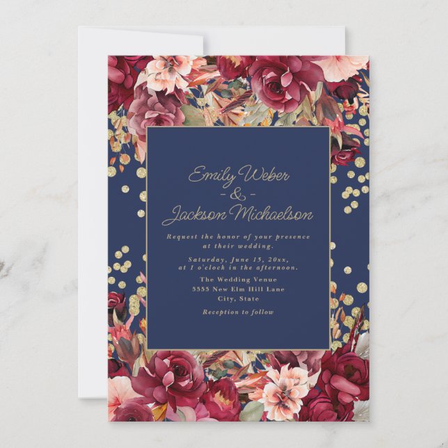 Navy Blue Burgundy Pink Floral Gold Glitter Invitation (Front)