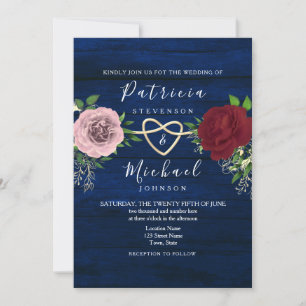 Navy Blue Burgundy Pink Floral Rustic Wedding Invitation