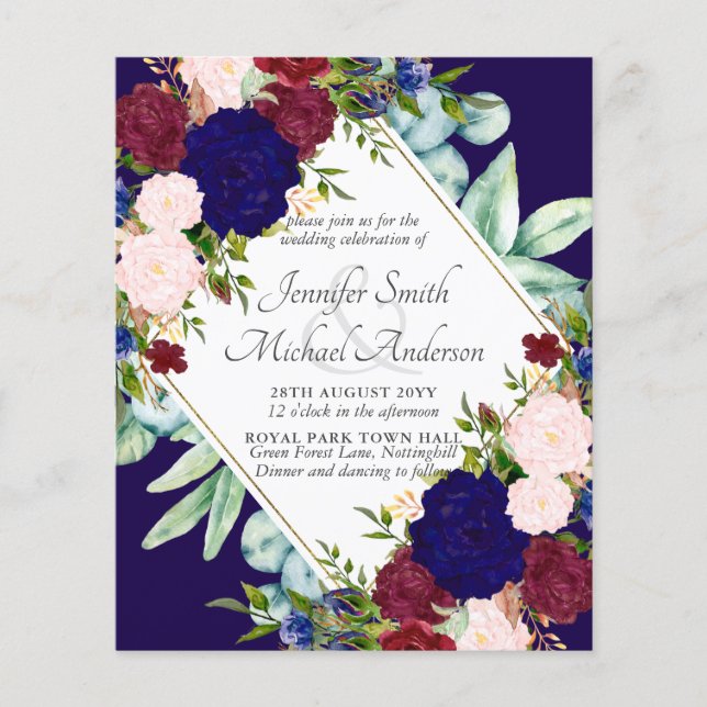 Navy Blue Burgundy Pink Floral Wedding Invitation (Front)