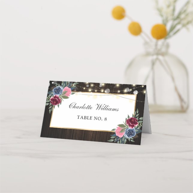 Navy Blue Burgundy Pink Floral Wedding Place Card (Front)