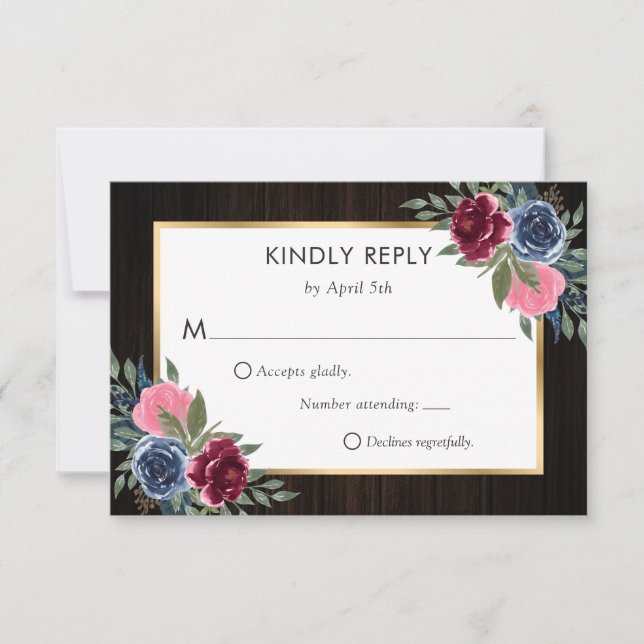 Navy Blue Burgundy Pink Gold Floral Wedding RSVP Card (Front)