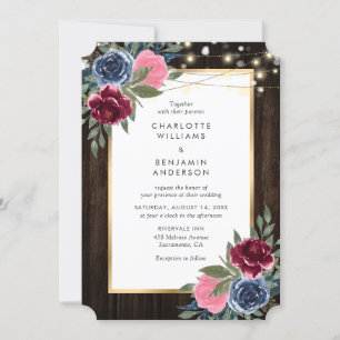 Navy Blue Burgundy Pink Gold Rustic Wood Floral Invitation
