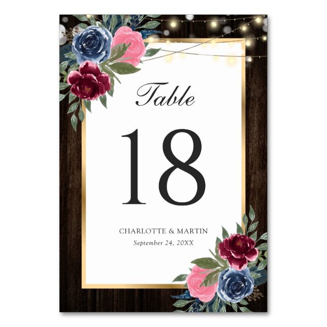 Navy Blue Burgundy Pink Gold Rustic Wood Floral Table Number (Front)