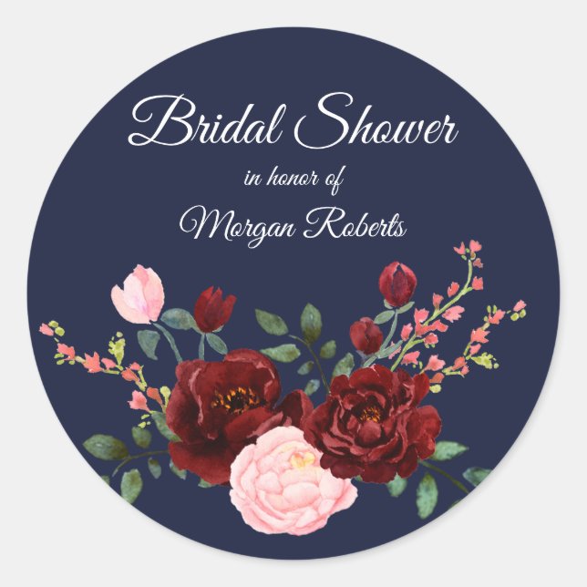 Navy Blue burgundy pink rose Bridal Shower Classic Round Sticker (Front)