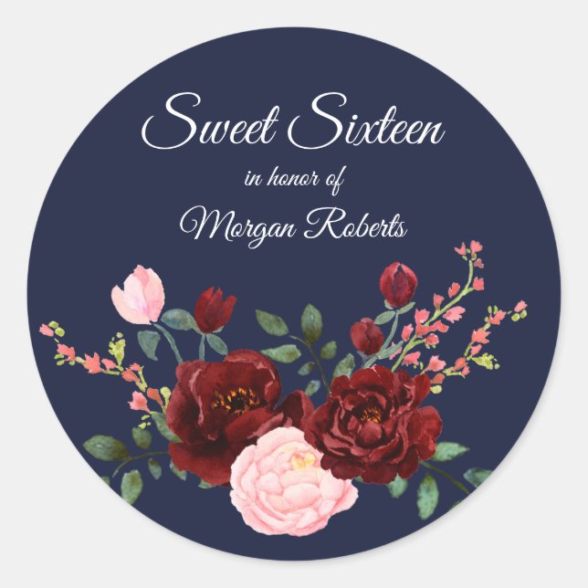 Navy Blue burgundy pink rose Sweet SIxteen Classic Round Sticker (Front)