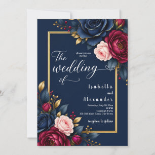Navy blue burgundy pink rose wedding invitation