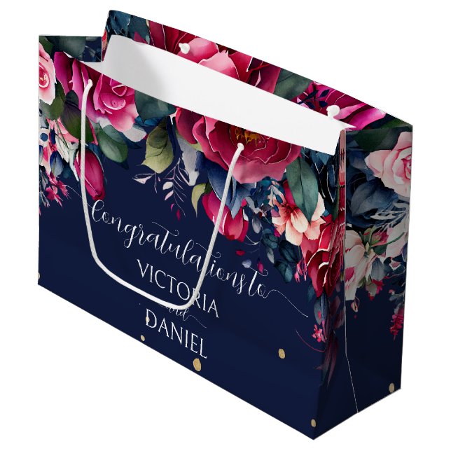 Navy blue burgundy pink roses wedding custom large gift bag (Front Angled)