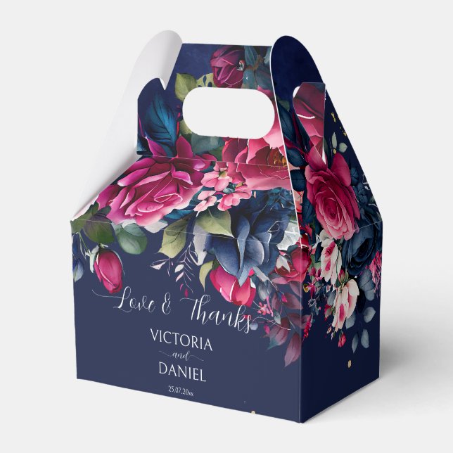 Navy blue burgundy pink roses wedding thank you favour box (Front Side)