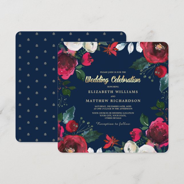 Navy Blue | Burgundy Red Bloom Wedding  Invitation (Front/Back)