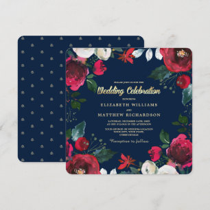 Navy Blue   Burgundy Red Bloom Wedding  Invitation