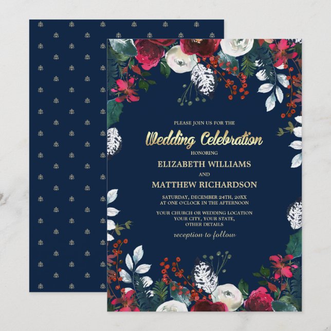 Navy Blue | Burgundy Red Bloom Wedding Invitation (Front/Back)