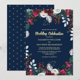 Navy Blue   Burgundy Red Bloom Wedding Invitation