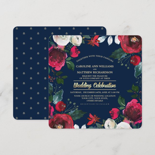Navy Blue | Burgundy Red Bloom Wedding Invitations (Front/Back)