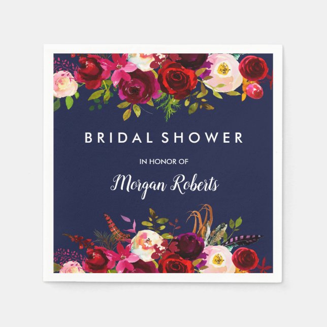 Navy Blue Burgundy Red Boho Floral Bridal Shower Napkin (Front)